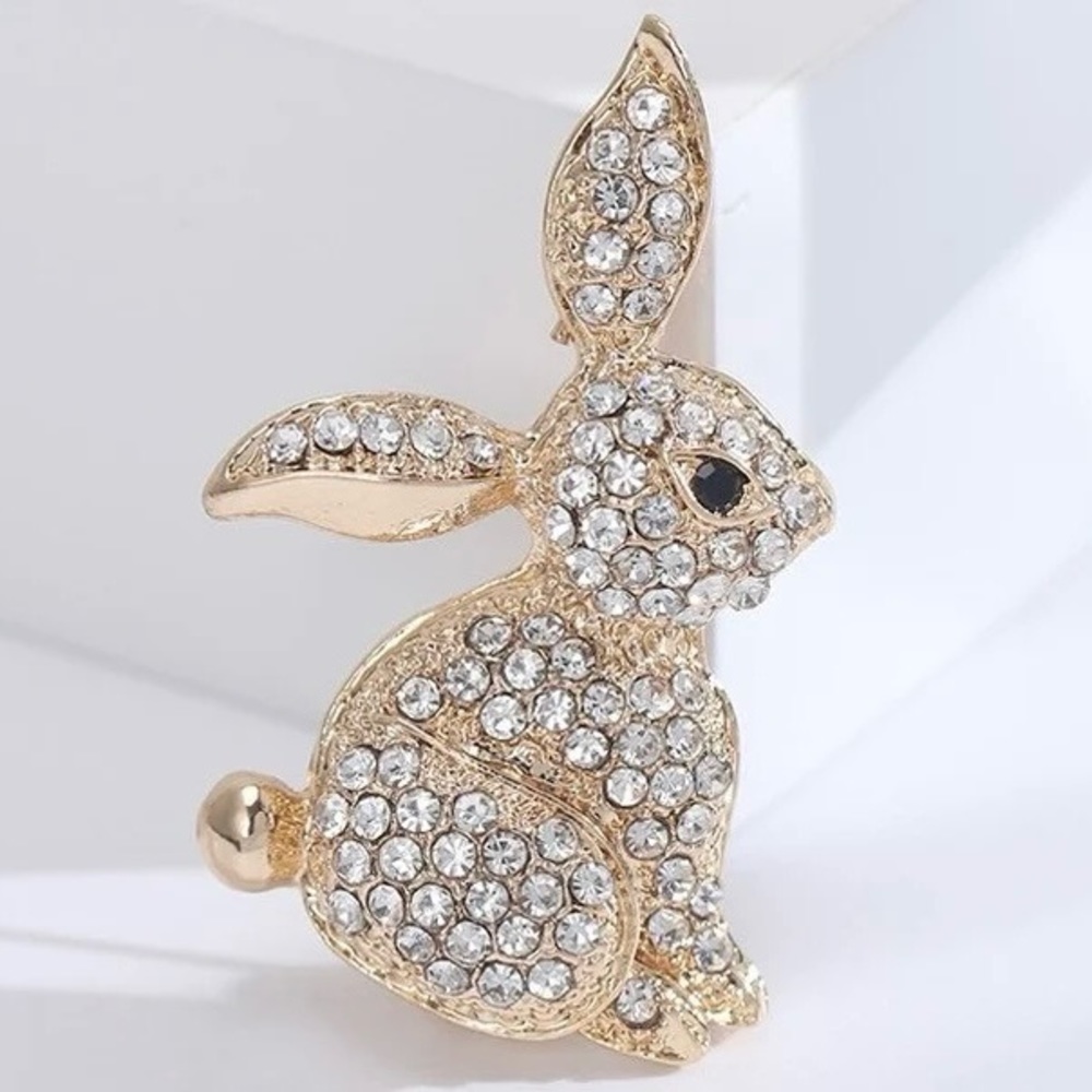 Rhinestone Bunny Brooch Pin Easter Brooch Gold Tone